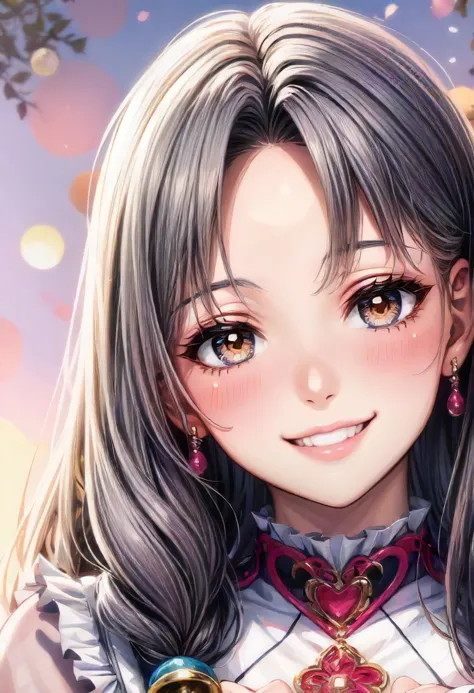 anime girl with long hair and earrings holding a ring