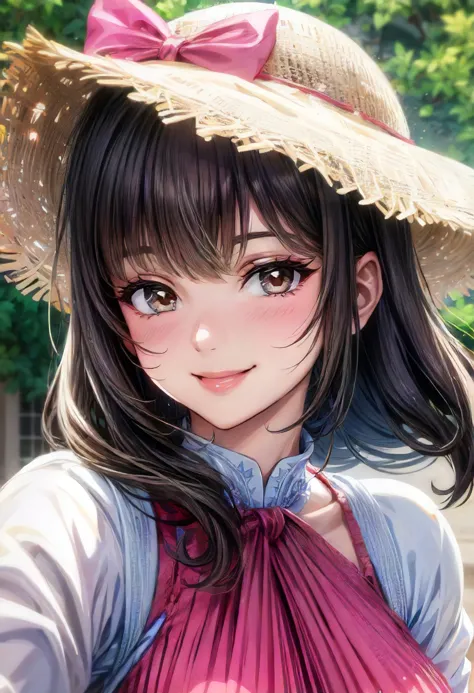 anime girl with big hat and pink dress