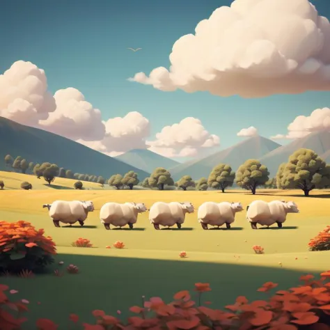 sky,1 sheep, farm background,scenery,octane rendering, colorful,