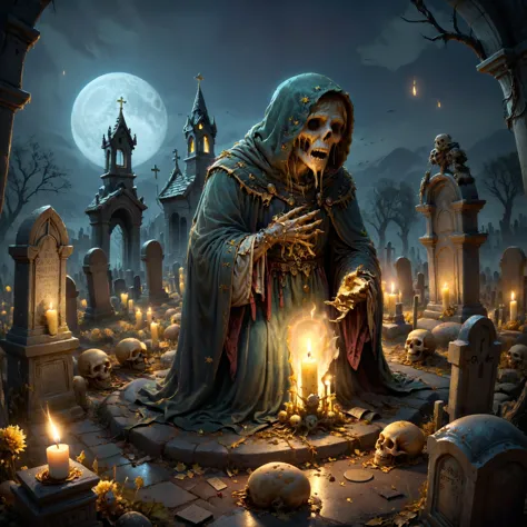 a painting of a skeleton in a cemetery with candles and skulls