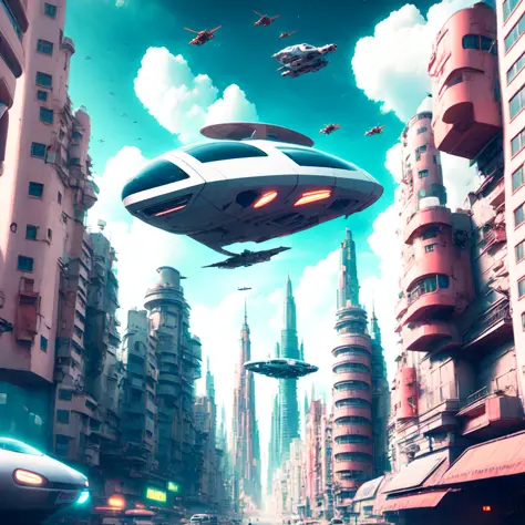 photo, a sci - fi cityscape with a flying vehicle in the sky (HoverCar style:1) <lora:djzHoverCarV21:1>