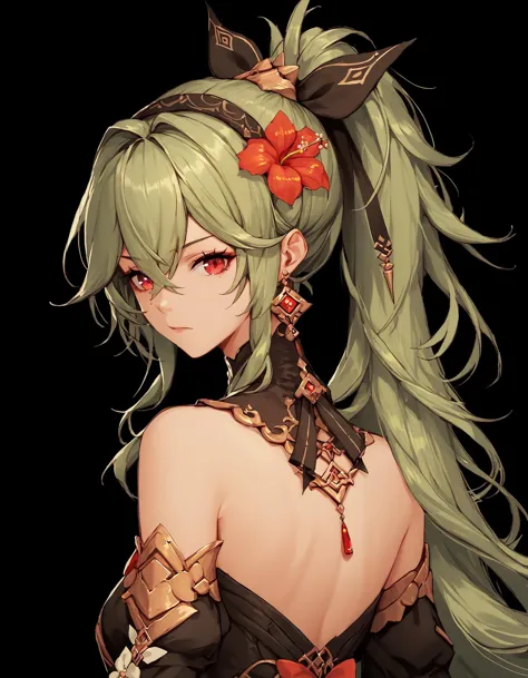 a woman with long green hair and a flower in her hair