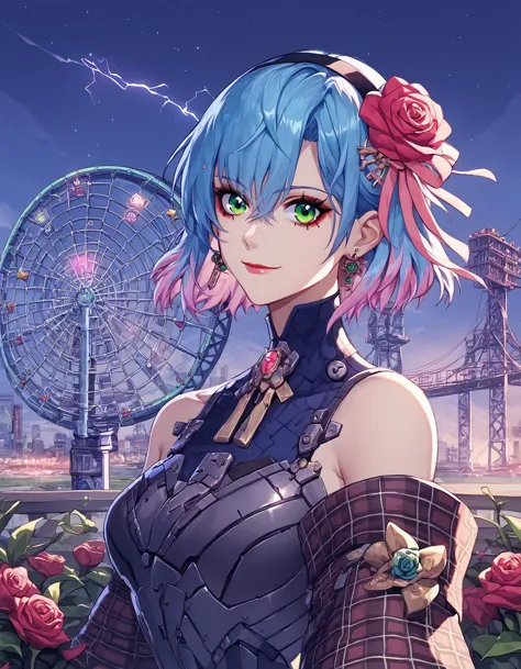 a woman with blue hair and pink hair standing in front of a ferris wheel