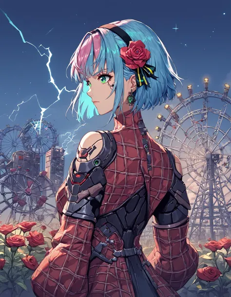 a woman with blue hair and a red jacket stands in front of a ferris wheel