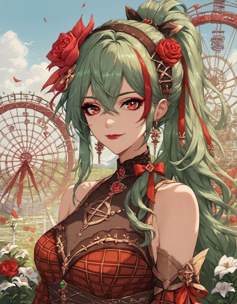 a woman with long green hair and a red rose in her hair