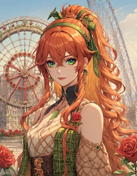 a woman with long red hair and green eyes standing in front of a ferris wheel