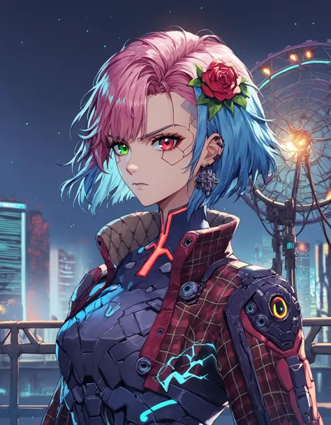 a woman with pink hair and blue eyes standing in front of a ferris wheel