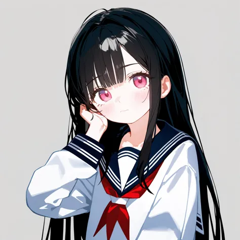 1girl, solo, long hair, red neckerchief, black hair, neckerchief, simple background, school uniform, grey background, sailor col...