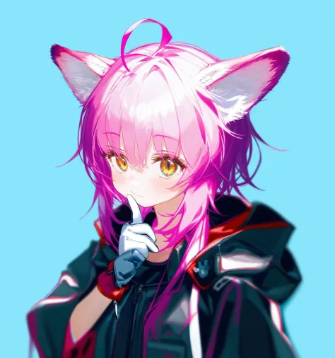 1girl, solo, looking at viewer, upper body, animal ears, pink hair, bangs, closed mouth, finger to mouth, shirt, black shirt, gloves, hooded jacket, hood down, open clothes,best quality,amazing quality,very aesthetic,absurdres,