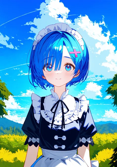(pixel art:1.2),Rem\(re zero kara hajrmeru isekai seikatsu\),Maid service, blue hair, short hair,(upper body),blue sky, white cl...