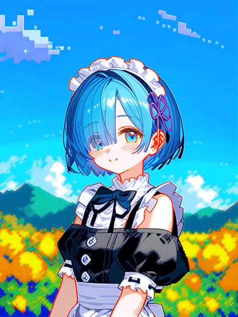 (arte de pixel:1.4),Rem\(re zero kara hajrmeru isekai seikatsu\),Serviço de empregada,cabelo azul,cabelo curto,(tronco),céu azul,nuvem branca,