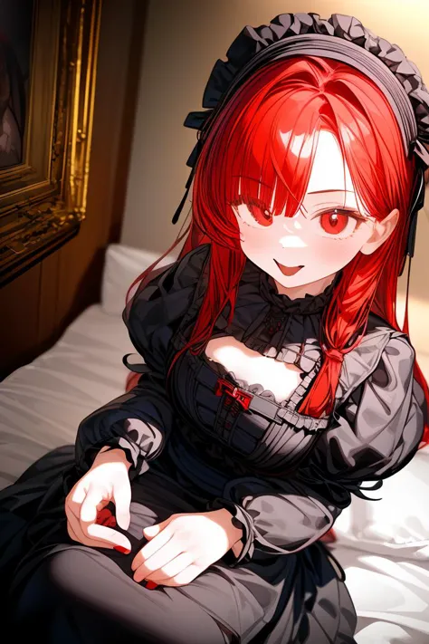 (masterpiece, best quality), 1girl, red hair, medium chest, gothic frill dress, pervert face, <lora:add_detail:1>