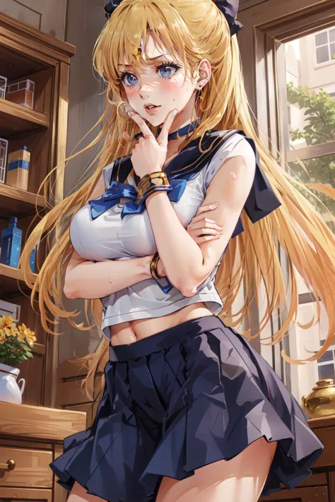 (masterpiece, best quality),  intricate details,
1girl,      <lora:sailor_venus:0.8> sailor_venus, midriff, fishnets
sweating, boob sweat,
indoors,  <lora:thinking_v2_b:0.8> thinking