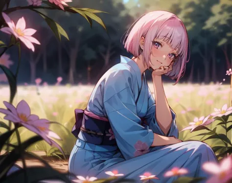 (masterpiece, best quality),(depth) of (field),  <lora:OguraMio001:0.9> 1girl, blue kimono, pink_hair, short hair, blunt bangs, bob, <lora:add_detail:0.6>, 1girl sitting in a field of green plants and flowers, her hand under her chin, warm lighting, blurry foreground, adult