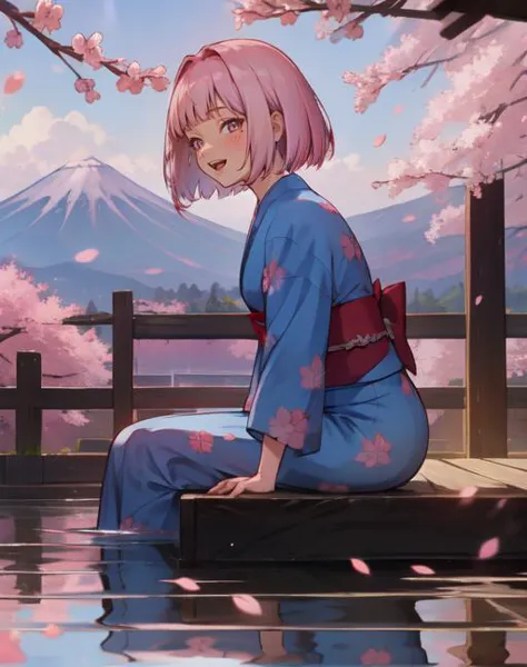 (masterpiece, best quality),(depth) of (field),  <lora:oguramio001:0.9> 1girl, blue kimono, pink_hair, short hair, blunt bangs, ...