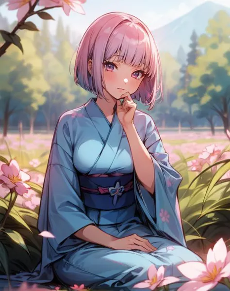 (masterpiece, best quality),(depth) of (field),  <lora:oguramio001:0.9> 1girl, blue kimono, pink_hair, short hair, blunt bangs, ...