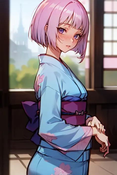 (masterpiece, best quality),(depth) of (field),  <lora:oguramio001:0.9> 1girl, blue kimono, pink_hair, short hair, blunt bangs, ...