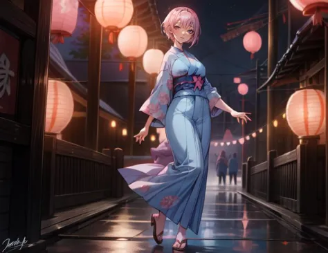 (masterpiece, best quality),(depth) of (field),  <lora:OguraMio001:0.9> 1girl, blue kimono, pink_hair, short hair,  <lora:add_detail:1>,  <lora:age_slider_v2:2>, festival, night, lanterns, fullbody, , adult