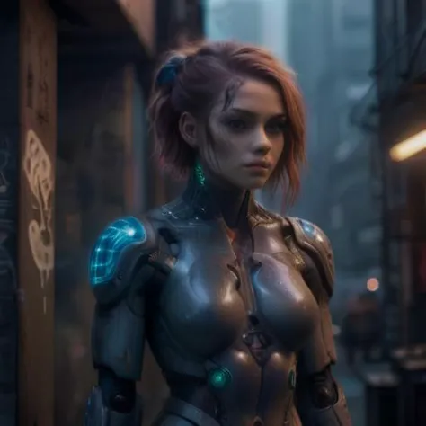 a woman in a futuristic suit standing in a city