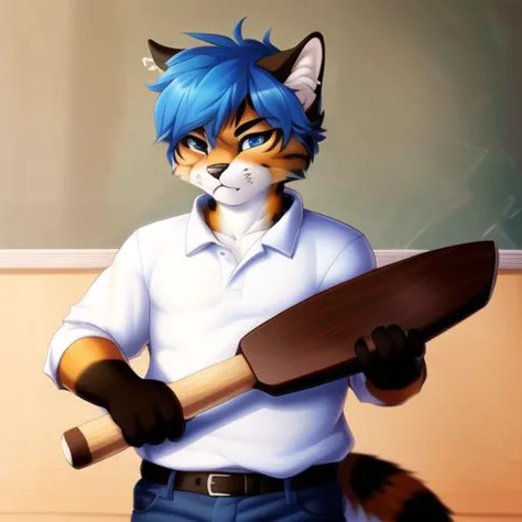 there is a cat with blue hair holding a baseball bat