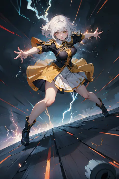 masterpiece, best quality,
1girl, solo, (motion lines:1.1), bloom, cinematic lighting, full body, white hair, yellow eyes, intricate skirt, (fighting:1.2), angry, (thunder:1.3), (flying sparks), dynamic angle