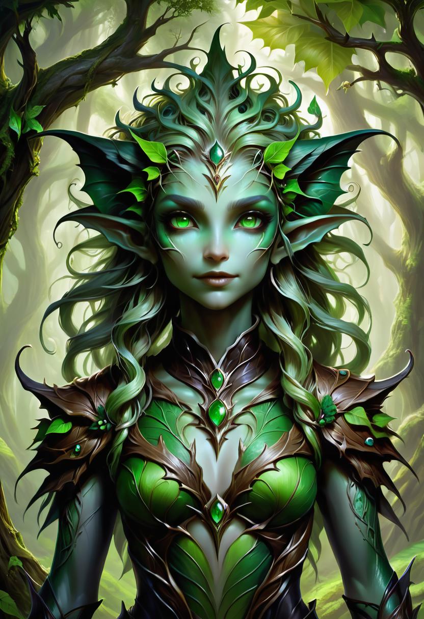 A woman with green hair and green eyes in a forest - SeaArt AI