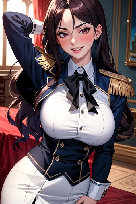 ((Masterpiece, best quality)),edgQuality,smirk,smug,dark hair
edgElegant, 1girl, solo, long hair, breasts, looking at viewer, blush, open mouth, epaulettes,wearing edgElegant
 <lora:edgElegant-000006:1>