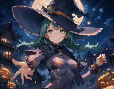 witch girl in a witch hat with a pumpkin