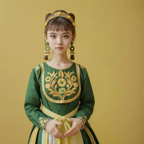 super cute 20yo girl, wearing ancient costume, lifelike embroidery, light bean green and light yellow, half-length portrait, fashion geometric surrealism