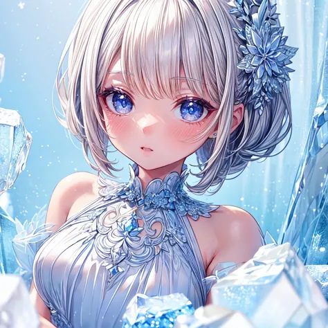 anime girl with blue eyes and a blue dress surrounded by ice crystals