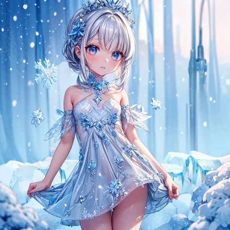 anime girl in a blue dress standing in a snowy forest