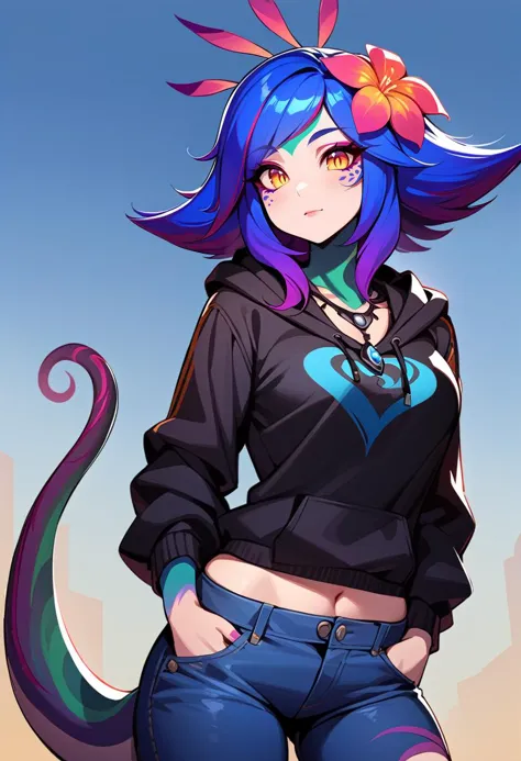 a cartoon cat girl with blue hair and a black top