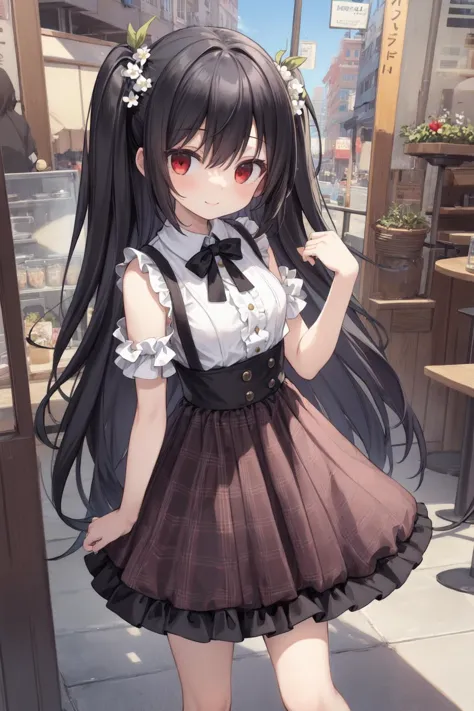 (masterpiece:1.2),best quality,extremely detailed,
BREAK
cute girl,(petite:1.3),solo,shiny skin,small breasts,very long hair,
detailed eyes,perfect anatomy,
cute eyes,(red eyes:1.3),(black hair:1.4),light smile,
BREAK
white shirt,black plaid dress,frills,
BREAK
cafe store,city,flower,
BREAK
character focus,looking at viewer,
BREAK
<lyco:Detail Tweaker:0.5>