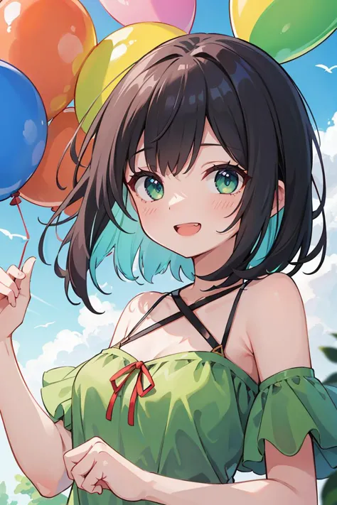 (masterpiece), best quality, 8k portrait, high resolution, highly detailed, detailed background, sharp focus, professional lighting, dynamic angle, lens flare, 1girl, medium hair, multicolored hair, summer dress, light green dress, sky, balloon, grin, naughty, open mouth