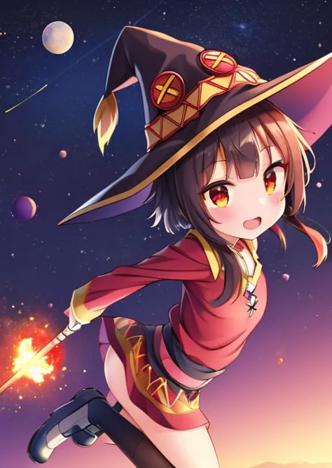 masterpiece, best quality, ultra-detailed,1girl, <lora:Megumin:0.7>,Megumin,jumping,mantle,witch hat,jeweled staff,meteor fallin...