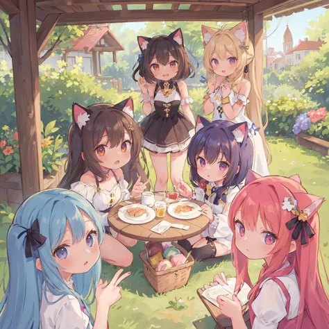 masterpiece,best quality,perfect composition,intricate details,((6+girls:1.5)),cute,cat ears,cat tail,random colored hair,fine d...