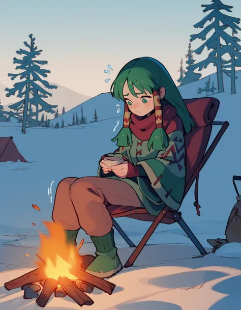 score_9,  score_8_up, score_7_up <lora:feena-ponyxl-000040:1> feena, green hair, hair tubes, winter clothes,
1girl, solo, trembling, camping, sitting, campfire, sitting on camping chair, leaning back, blanket, outdoors, winter, cold, night