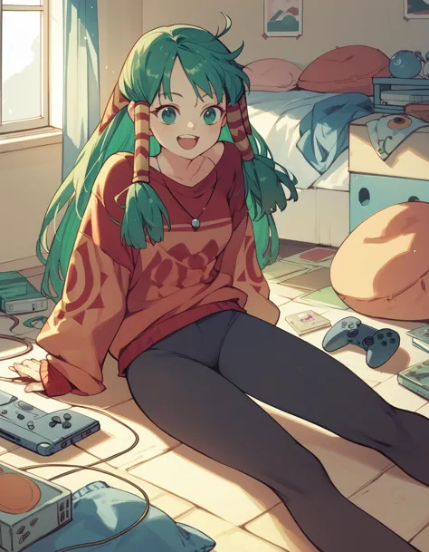 score_9,  score_8_up, score_7_up <lora:feena-ponyxl-000040:1> feena, green hair, hair tubes, sweater, leggings,
1girl, solo, playstation, happy, indoors, messy room