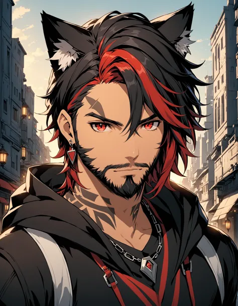 Mj Osea Style, solo, looking at viewer, short hair, black hair, red eyes, 1boy, jewelry, cat ears, animal ears, animal ear fluff...