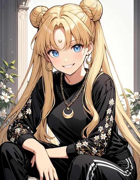 Mj Osea Style, 1girl, solo, long hair, looking at viewer, blush, smile, blue eyes, blonde hair, shirt, long sleeves, twintails, jewelry, sitting, very long hair, earrings, pants, necklace, hair bun, grin, parted bangs, black shirt, double bun, black pants, floral print, crescent, masterpiece, best quality , <lora:MJ-OSEAXL:0.8>