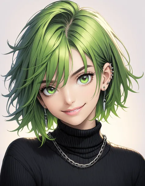 Mj Osea Style, 1girl, solo, looking at viewer, smile, short hair, jewelry, closed mouth, green eyes, jacket, earrings, green hai...