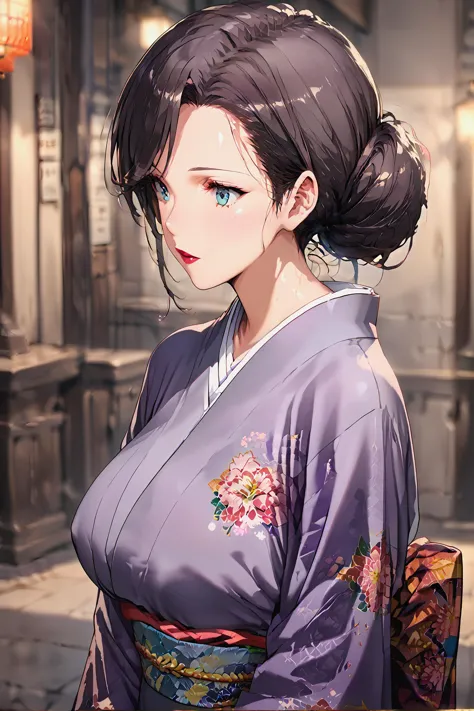 anime girl in kimono outfit with blue eyes and a purple kimono