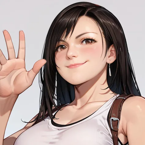 anime girl with black hair and white tank top making a peace sign