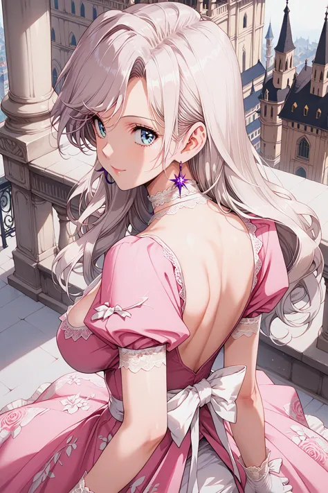 score_9, score_8_up,  score_7_up,  (light pink dress), back lighting, from behind, looking back, 
1girl, esritd, white hair, long hair, 
large breasts, sagging breasts, cleavage, pale skin, 
earrings, white choker,  lace choker, long dress, puffy sleeves, short sleeves, white ribbon sash, embroidery dress, lace-trimmed dress, lace gloves, white glove, ribbon dress, lace pattern dress, 
blue eyes,
light smile,
upper body,  from above, 
palace, detailed background,
lace-trimmed,
<lora:esri-pdxl-nvwls-v1:0.7>, <lora:Urushihara Satoshi_XL_PONY_V2:0.6>, <lora:woman_consistency_v2-loha:0.5>,  <lora:DefaultZ17:0.1>,   <lora:Osorubeshi Pony style LORAs:0.4>,  <lora:cnv3mdde878c738thn20:0.4>,  <lora:gg3:0.5>,  <lora:bra_embellishments_enhancer_XL_v01a:1>