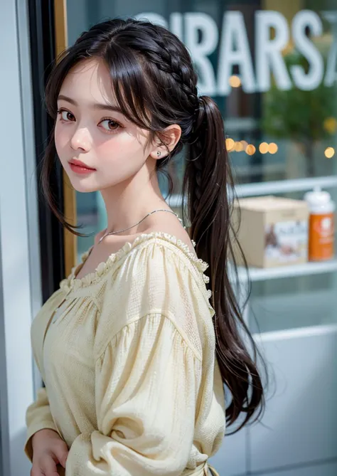 (8k, RAW photo, highly sensitive,  photorealistic:1.25) , kr-pny, twin braids, parted bangs, 1girl, A girl enjoys shopping while...