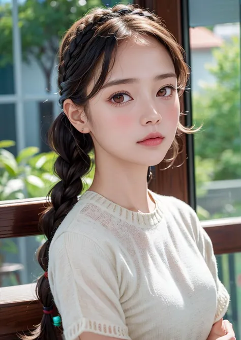 (8k, RAW photo, highly sensitive,  photorealistic:1.25) , kr-pny, twin braids, parted bangs, 1girl, A girl enjoys shopping while...