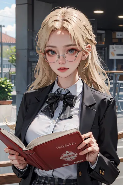 <lora:koreanPonytailLora_v10:1:F>, kr-pny, twin braids,   parted bangs, 1girl, school uniform, dark grey open jacket, dark grey blazer, pleated skirt, plaid skirt,  ash blonde hair,
huge breasts,
round eyewear, reading a book, shy and quiet girl, looking afar,  holding a book,
extremely detailed hair, intricate detail,
masterpiece, best quality, upper body, realistic, <lora:hiqcg_epoch-04:0.3:NF>, hiqcg,