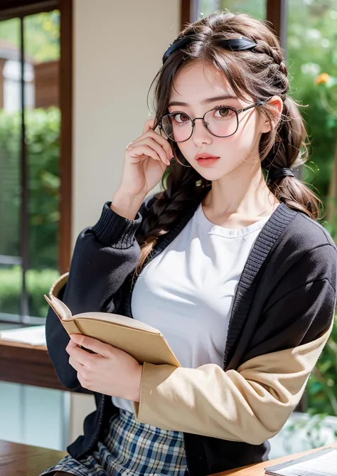 (8k, RAW photo, highly sensitive, best quality, extremely detailed hair, masterpiece, ultra high res,  photorealistic:1.25) kr-pny, thin rimmed glasses, the front, twin braids, parted bangs, 1girl, school uniform, dark grey open jacket, dark grey blazer, pleated skirt, plaid skirt, ash blonde hair, huge breasts, gold round eyewear, reading a book, shy and quiet girl, looking afar, holding a book,<lora:koreanPonytailLora_v10:0.5>