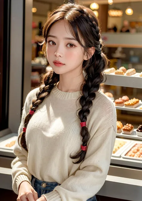 (8k, RAW photo, highly sensitive,  photorealistic:1.25) , kr-pny, twin braids, parted bangs, 1girl, A girl enjoys shopping while looking at the sparkling show window, extremely detailed hair, intricate detail, masterpiece, best quality, <lora:koreanPonytailLora_v10:0.5>