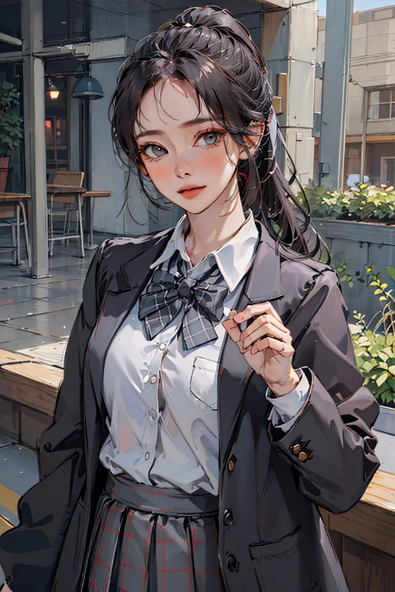 kr-pny, ponytail, parted bangs, 1girl, , dark grey open jacket, dark grey blazer, pleated skirt, plaid skirt,
upper body, looking at viewer, realistic,
extremely detailed hair, intricate detail,
masterpiece, best quality,